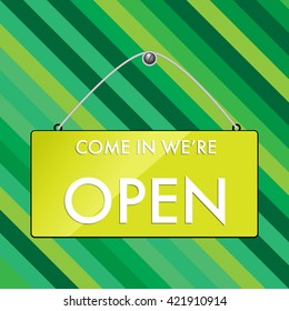 OPEN hanging sign on green strip background