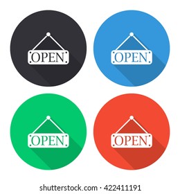 open hanging tag vector icon - colored round buttons with long shadow