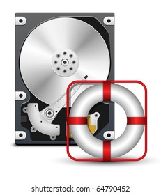Open hard disk drive with life buoy, vector