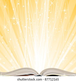  Open hardcover book on a shining yellow background