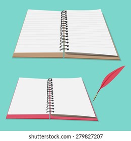Open hardcover stitch coil book with pair of blank guide line paper and no line and quill pen
