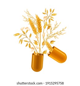 Open Hard-shelled Capsule with Cereal and Grain Crops as Vitamins and Supplement Vector Illustration