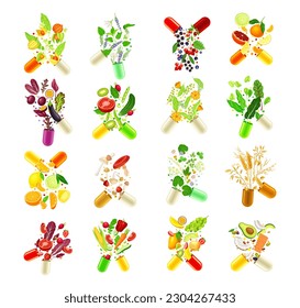 Open Hard-shelled Capsule with Fruit and Vegetables as Vitamins and Supplements Big Vector Set