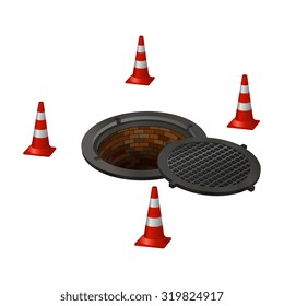 open hatch with four cones. Vector illustration.