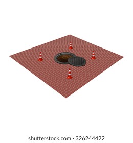 open hatch with four cones. Vector illustration.
