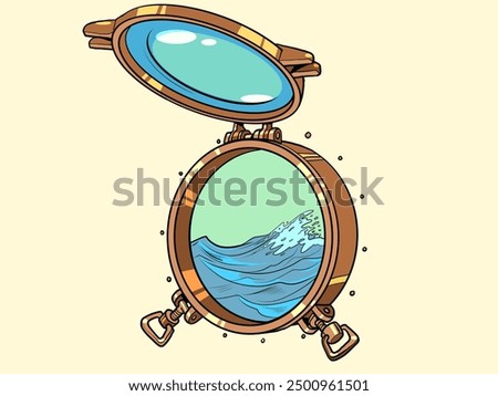 Open hatch overlooking the ocean. An incredibly profitable trip to the sea with new impressions. Work on the water, away from land. Pop Art Retro Vector Illustration Kitsch Vintage 50s 60s Style