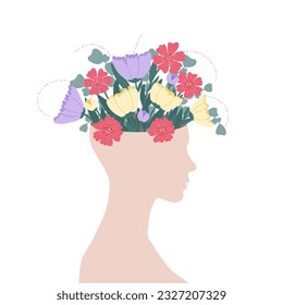 Open head with a bouquet of blooming flowers. Emotional growth, psychotherapy, optimism, healthy head and mental health. Vector psychological illustration.