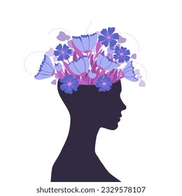 Open head with a bouquet of blooming flowers. Emotional growth, psychotherapy, optimism, healthy head and mental health. Vector psychological illustration.