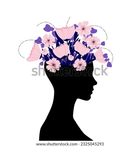 Open head with a bouquet of blooming flowers. Emotional growth, psychotherapy, optimism, healthy head and mental health. Vector psychological illustration.