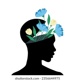 Open head with a bouquet of blue flowers. Emotional growth, psychotherapy, optimism, healthy head and mental health. Vector psychological illustration.