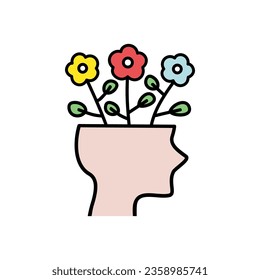 Open head with colorful flowers icon. Creativity, brainstorm, positive, idea, psychology, imagination, knowledge concept. Flat vector design illustration isolated on white background.