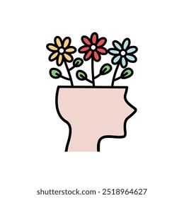 Open head with colorful flowers icon. Creativity, brainstorm, positive, idea, psychology, imagination, knowledge concept. Flat vector design illustration isolated on white background.