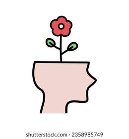 Open head with flowers icon. Creativity, brainstorm, positive, idea, psychology, imagination, knowledge concept. Flat vector design illustration isolated on white background.