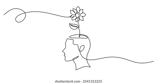 Open head with flowers sprouting on top in a continuous one line drawing. Concept centered around creativity. Hand-drawn minimalist illustration.