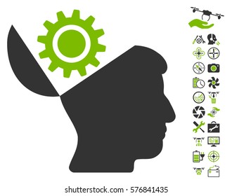 Open Head Gear icon with bonus copter service symbols. Vector illustration style is flat iconic eco green and gray symbols on white background.