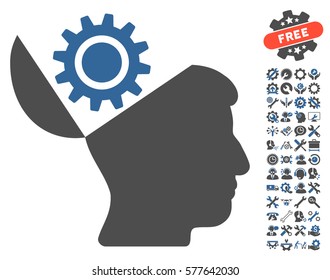 Open Head Gear icon with bonus options pictograms. Vector illustration style is flat iconic cobalt and gray symbols on white background.
