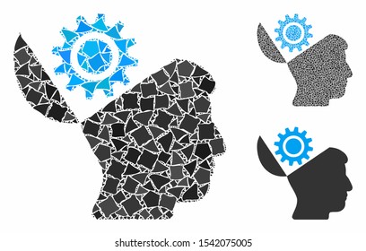 Open head gear mosaic of ragged parts in variable sizes and color tints, based on open head gear icon. Vector uneven parts are united into mosaic. Open head gear icons collage with dotted pattern.
