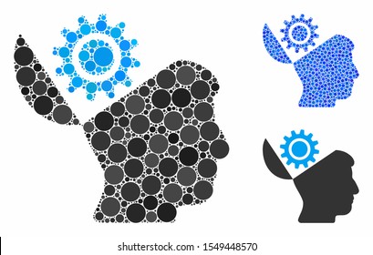 Open head gear mosaic of round dots in different sizes and color tints, based on open head gear icon. Vector round dots are combined into blue mosaic.