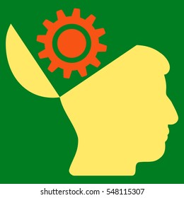 Open Head Gear vector icon. Style is flat graphic bicolor symbol, orange and yellow colors, green background.