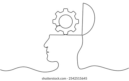 Open head with gear wheel inside. Cogwheel continuous one line drawing. Robot symbol. Moving linear cog gear. Vector illustration isolated on white.