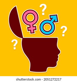 Open head with gender symbols, education and understanding of gender roles. Head profile silhouette illustration.