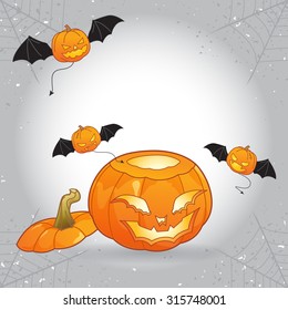 Open head Halloween pumpkin with flying pumpkin monsters