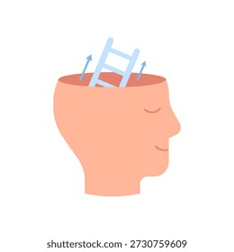 Cabeza abierta con escalera y flechas hacia arriba que ilustran el crecimiento y el desarrollo personal. Aumentar el talento y ampliar el concepto de inteligencia para la educación. Ilustración vectorial