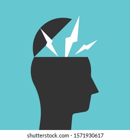 Open head with lightnings or sparks. Black silhouette. Creativity, imagination, idea, inspiration, stress and trouble concept. Flat design. EPS 8 vector illustration, no transparency, no gradients
