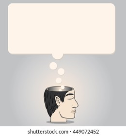 open head man closed his eyes thinking something out as balloon text box
