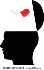 Offener Kopf in der Perspektive, in Schwarz-Weiß, mit weißer und roter Pille.
