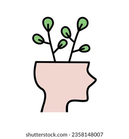 Open head with plants icon. Creativity, brainstorm, positive, idea, psychology, imagination, knowledge concept. Flat vector design illustration isolated on white background.