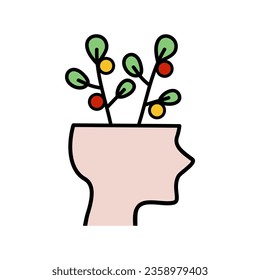 Open head with plants icon. Creativity, brainstorm, positive, idea, psychology, imagination, knowledge concept. Flat vector design illustration isolated on white background.