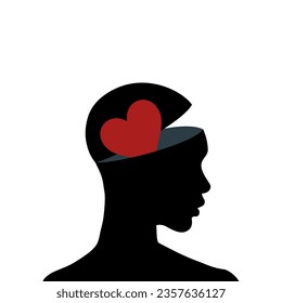 Open head with a red heart. Love, care, emotional growth, psychotherapy, optimism, healthy head and mental health. Vector psychological illustration.