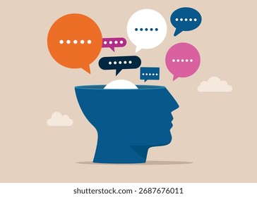 Abra la cabeza para ver la burbuja del discurso de Comentarios para ver la discusión, la conversación que discute el trabajo en la reunión. Ilustración plana de Vector