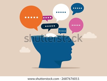 Open head to see feedback speech bubble to see discussion, conversation discussing work in meeting. Vector flat illustration