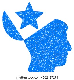 Open Head Star grainy textured icon for overlay watermark stamps. Flat symbol with dirty texture. Dotted vector blue ink rubber seal stamp with grunge design on a white background.