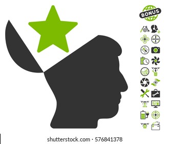 Open Head Star icon with bonus aircopter service symbols. Vector illustration style is flat iconic eco green and gray symbols on white background.