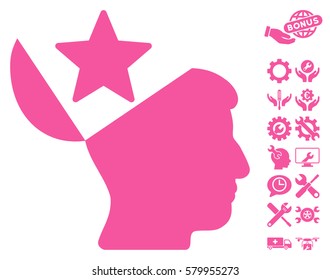 Open Head Star icon with bonus service design elements. Vector illustration style is flat iconic pink symbols on white background.
