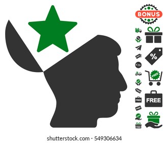 Open Head Star icon with free bonus images. Vector illustration style is flat iconic symbols, green and gray colors, white background.