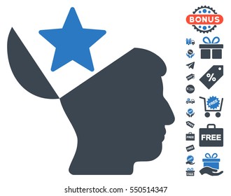 Open Head Star icon with free bonus graphic icons. Vector illustration style is flat iconic symbols, smooth blue colors, white background.