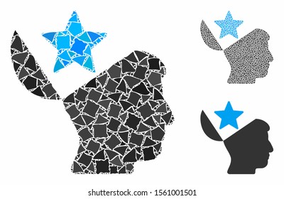 Open head star mosaic of uneven items in different sizes and color tones, based on open head star icon. Vector humpy items are grouped into collage. Open head star icons collage with dotted pattern.