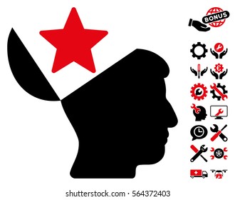 Open Head Star pictograph with bonus tools symbols. Vector illustration style is flat iconic intensive red and black symbols on white background.