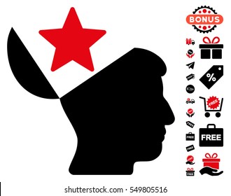 Open Head Star pictograph with free bonus images. Vector illustration style is flat iconic symbols, intensive red and black colors, white background.