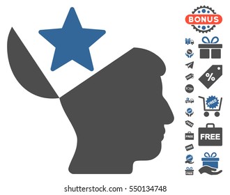 Open Head Star pictograph with free bonus images. Vector illustration style is flat iconic symbols, cobalt and gray colors, white background.