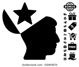 Open Head Star pictograph with free bonus pictures. Vector illustration style is flat iconic symbols, black color, white background.