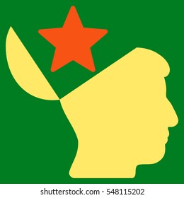 Open Head Star vector pictogram. Style is flat graphic bicolor symbol, orange and yellow colors, green background.