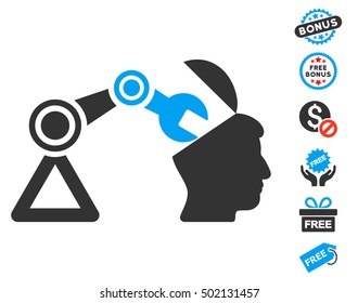 Open Head Surgery Manipulator icon with free bonus design elements. Vector illustration style is flat iconic symbols, blue and gray colors, white background.