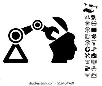 Open Head Surgery Manipulator icon with bonus quadrocopter tools graphic icons. Vector illustration style is flat iconic symbols on white background.