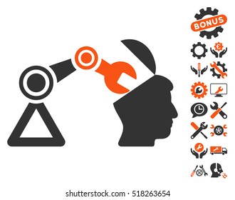 Open Head Surgery Manipulator icon with bonus settings pictures. Vector illustration style is flat iconic orange and gray symbols on white background.
