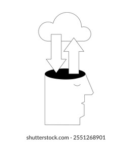 Open head uploads information to cloud storage and uploads it back. Vector illustration in linear style. The theme of training neural networks and artificial intelligence in a database from the cloud.